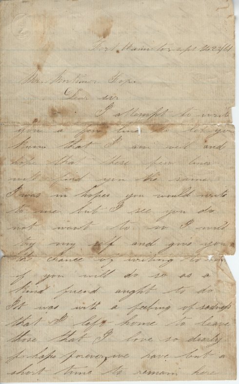 Civil War Francis Sammis Letter 2 page 1