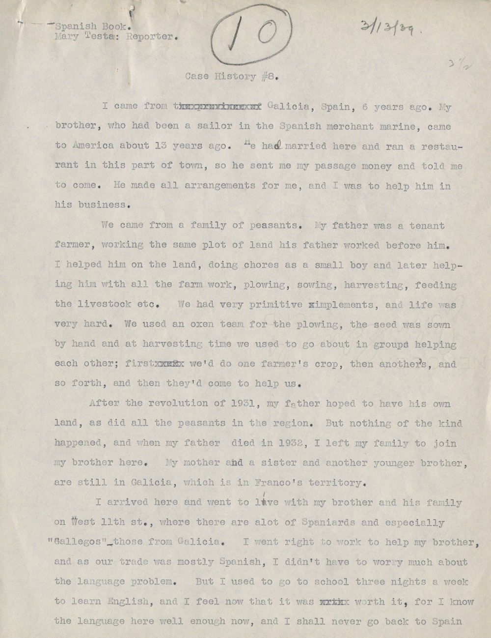 Federal Writer's Project Interview, Case #8, with a Male Immigrant from Galicia, Spain, 1939 page 1