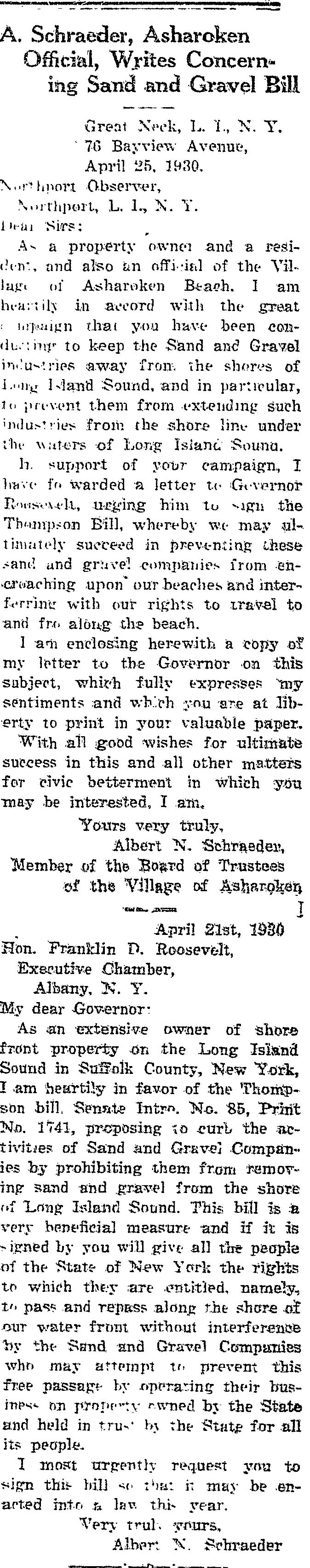 Albert Schraeder, Letter to Roosevelt page 1