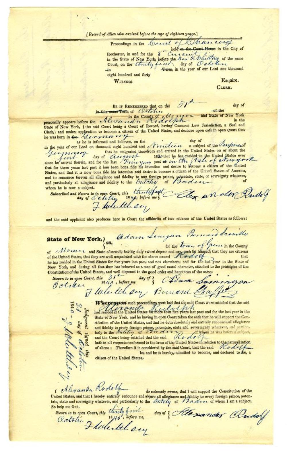 Naturalization Papers of Alexander Rudolph, Rochester, N.Y., 1840 page 1
