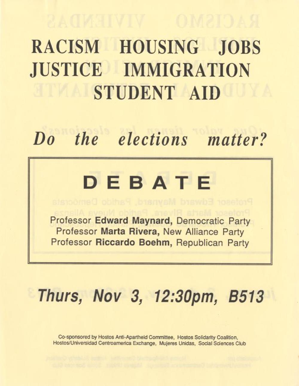 Do the Elections Matter?" Hostos Community College Debate Leaflet, c. mid 1970s page 1