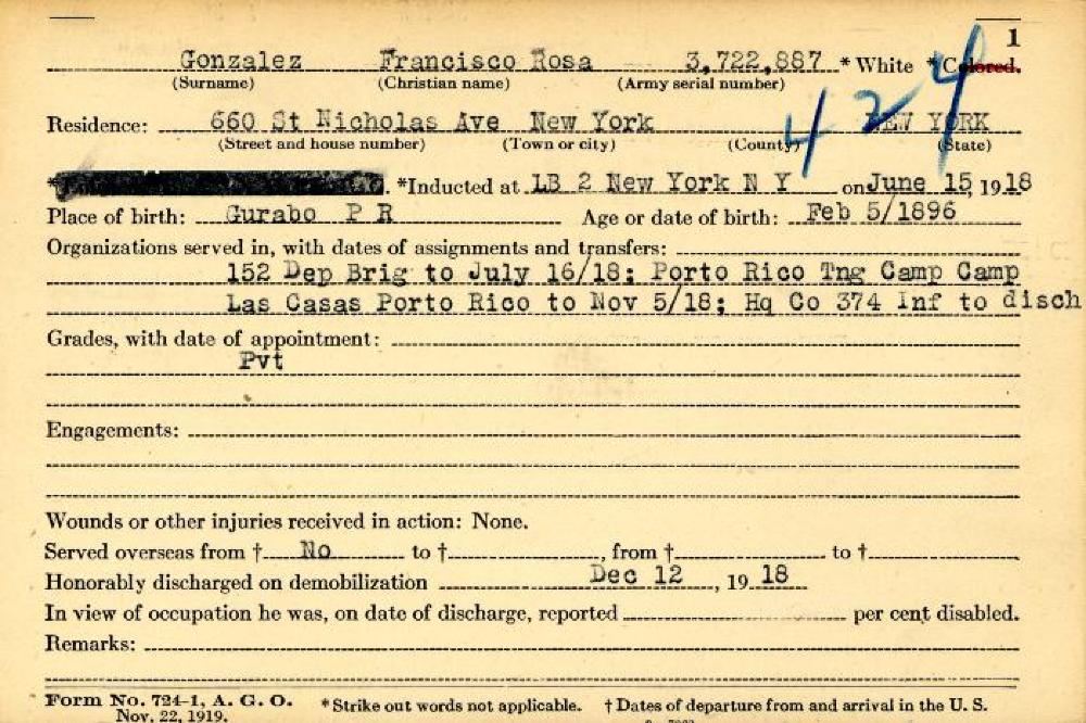 World War I Service Record for Francisco Gonzalez, c. 1919 page 1