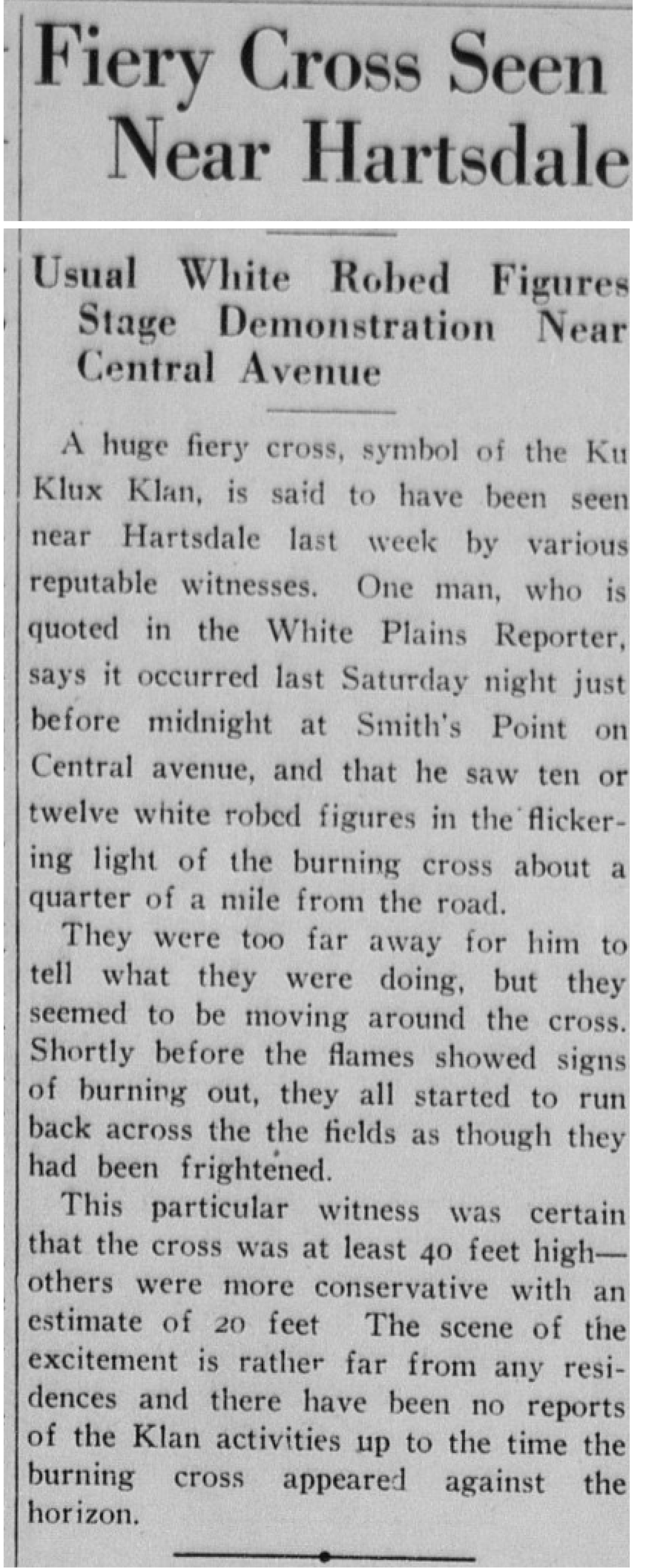 Fiery Cross Seen Near Hartsdale page 1