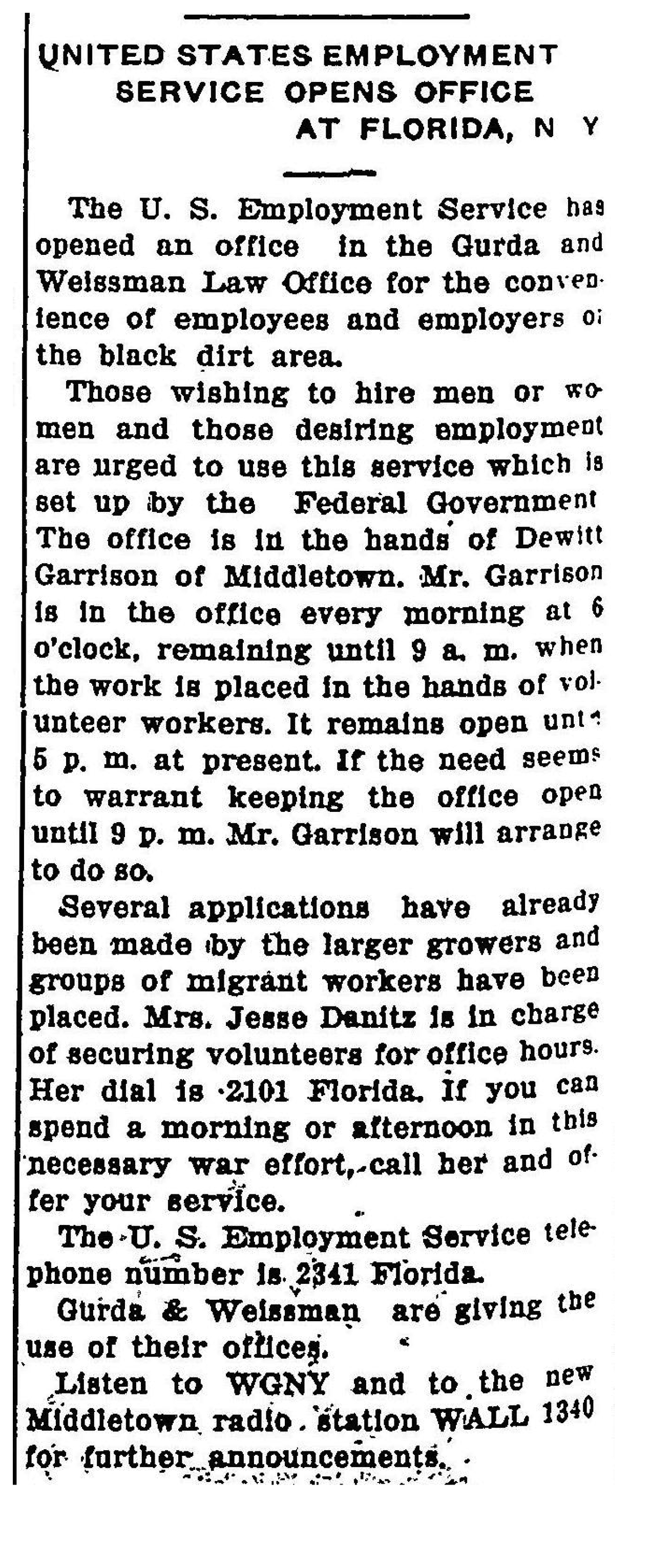 United States Employment Service Opens Office at Florida, NY page 1