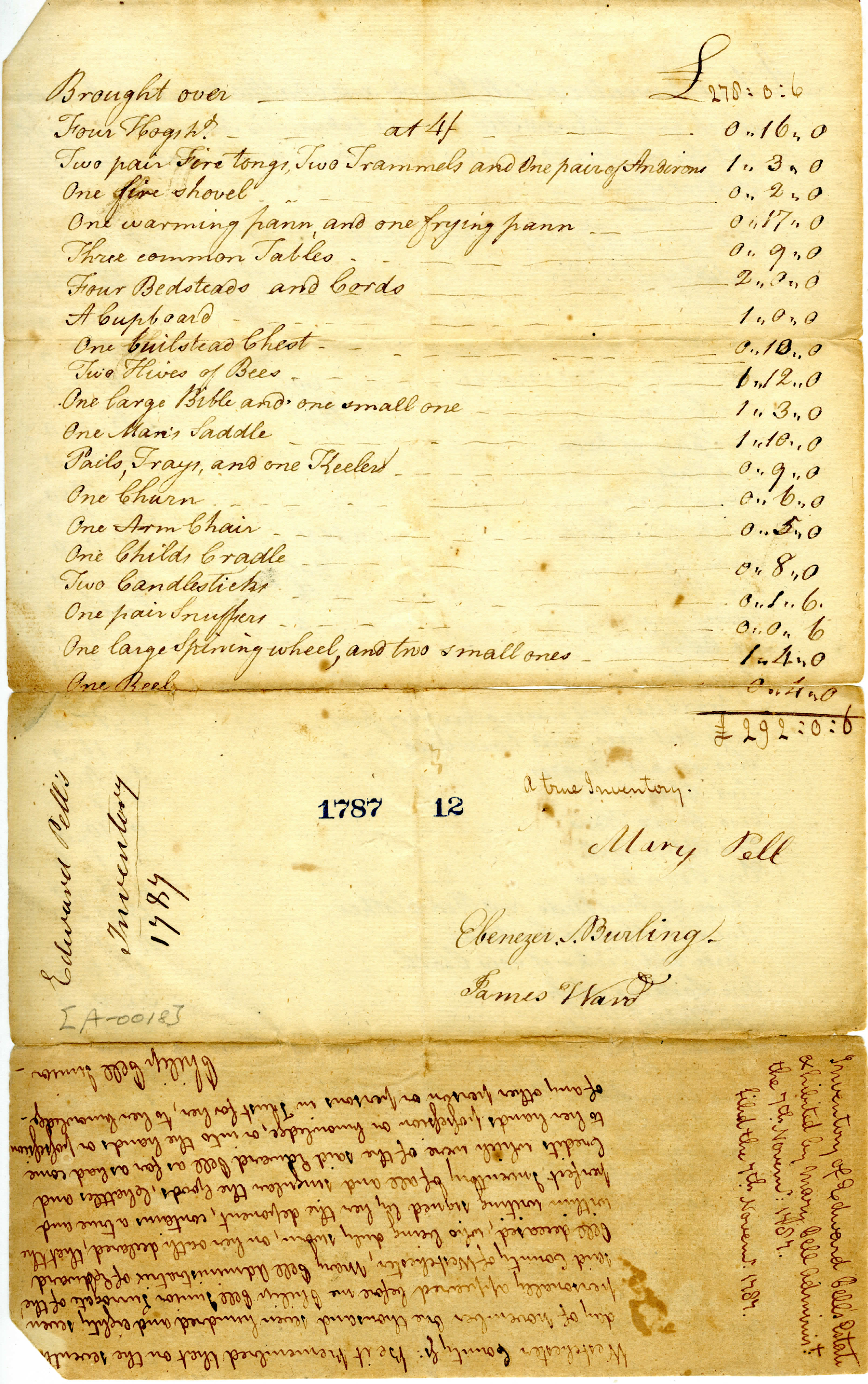 Estate Inventory of Edward Pell, Oct. 23, 1787 page 2