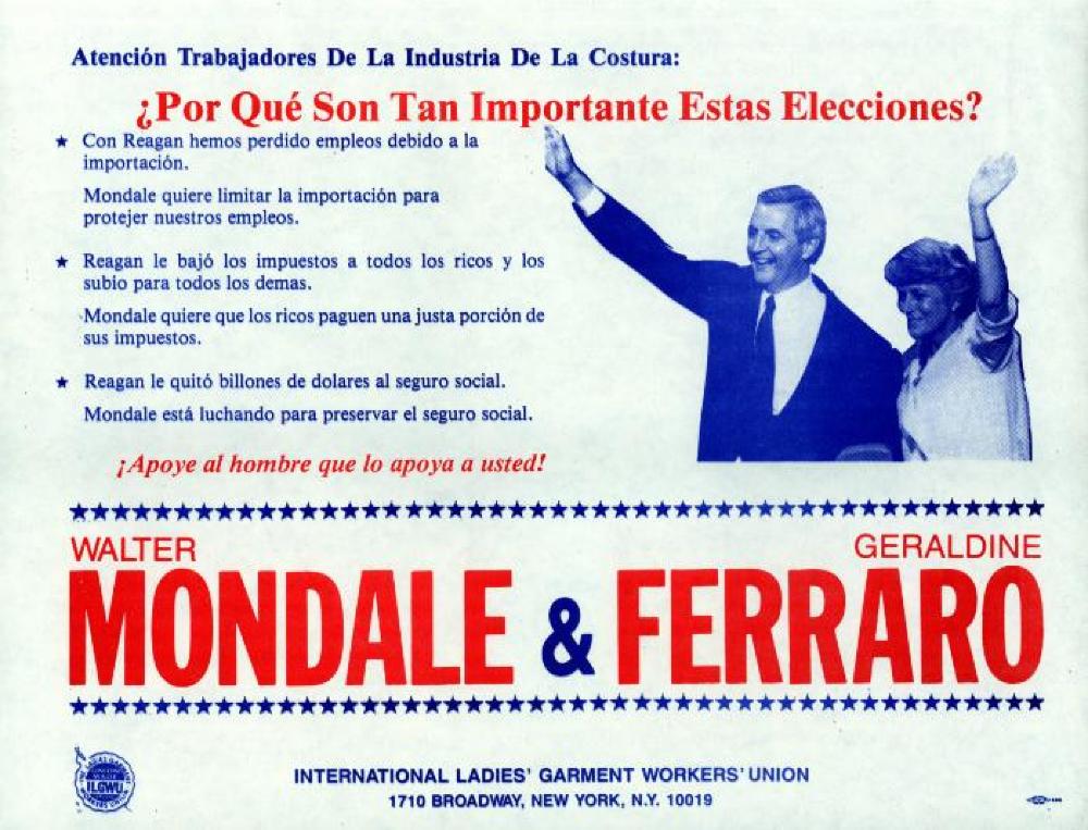 Mondale and Ferraro Campaign Poster, in Spanish, c. 1984 page 1
