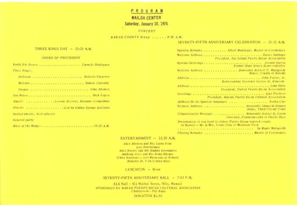 Program for 75th Anniversary of Puerto Ricans in Hawaii, 1976 page 2