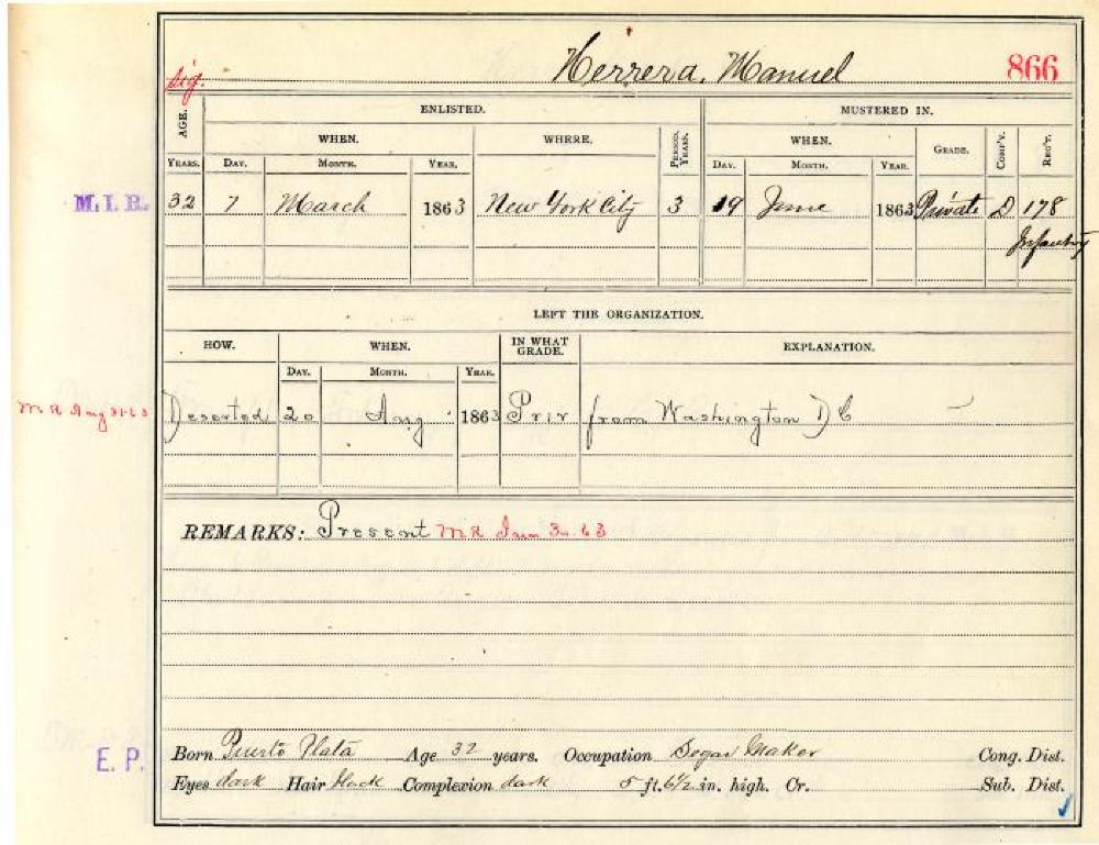Civil War Muster Roll Abstract for Manuel Herrera, c. 1863 page 1
