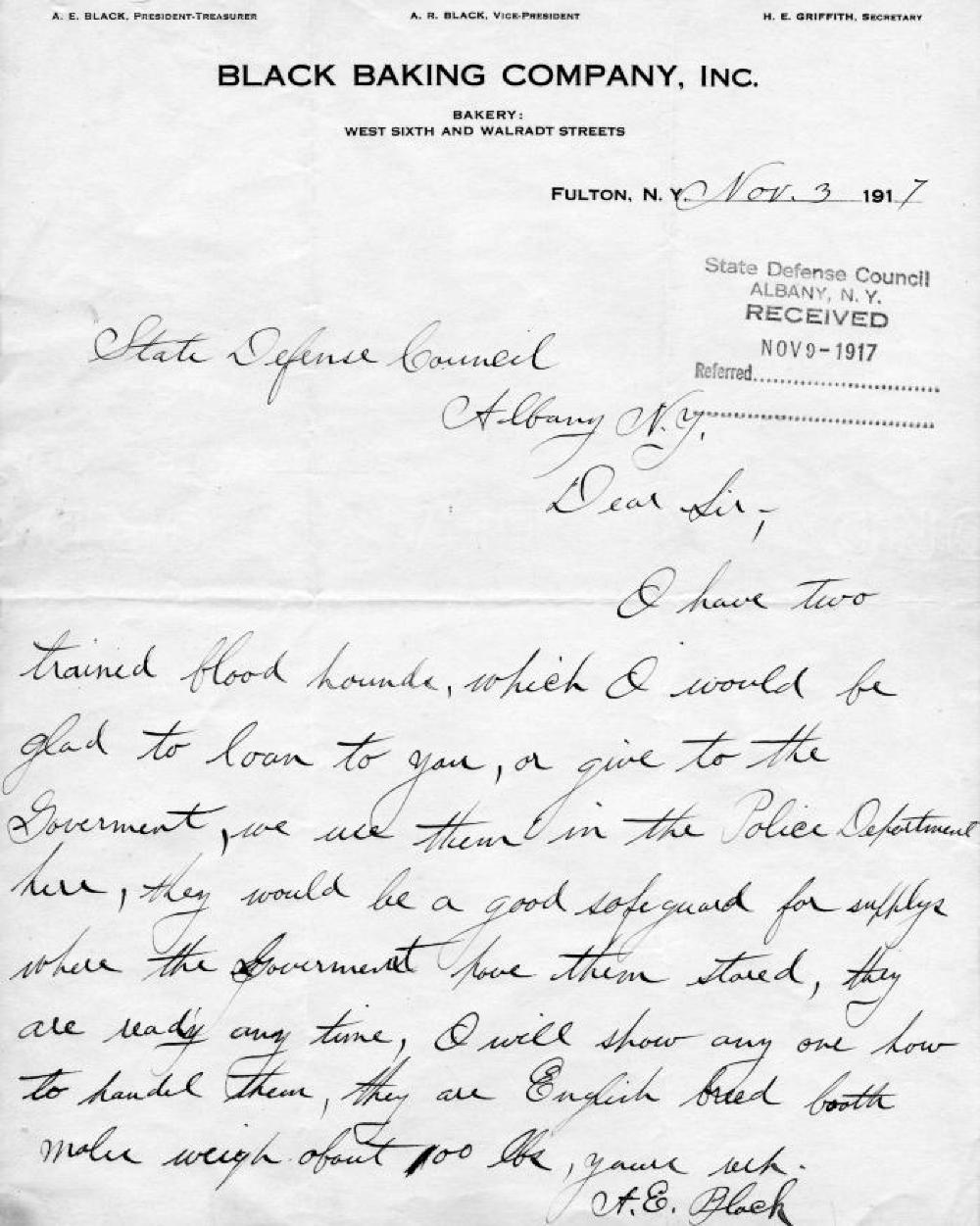Letter Offering Two Bloodhounds, World War I, 1917 page 1