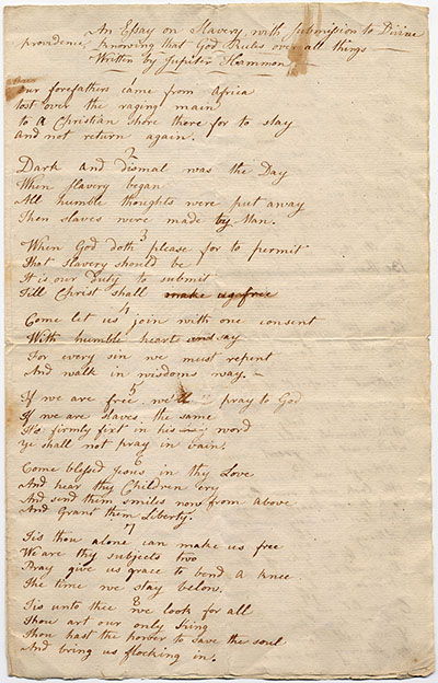 Load Jupiter Hammon's unpublished 1787 poem "Essay on Slavery" in Main Document Viewer