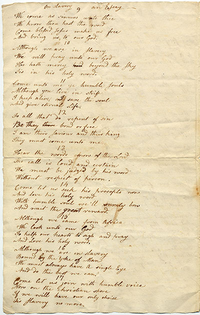 Load Jupiter Hammon's unpublished 1787 poem "Essay on Slavery" in Main Document Viewer