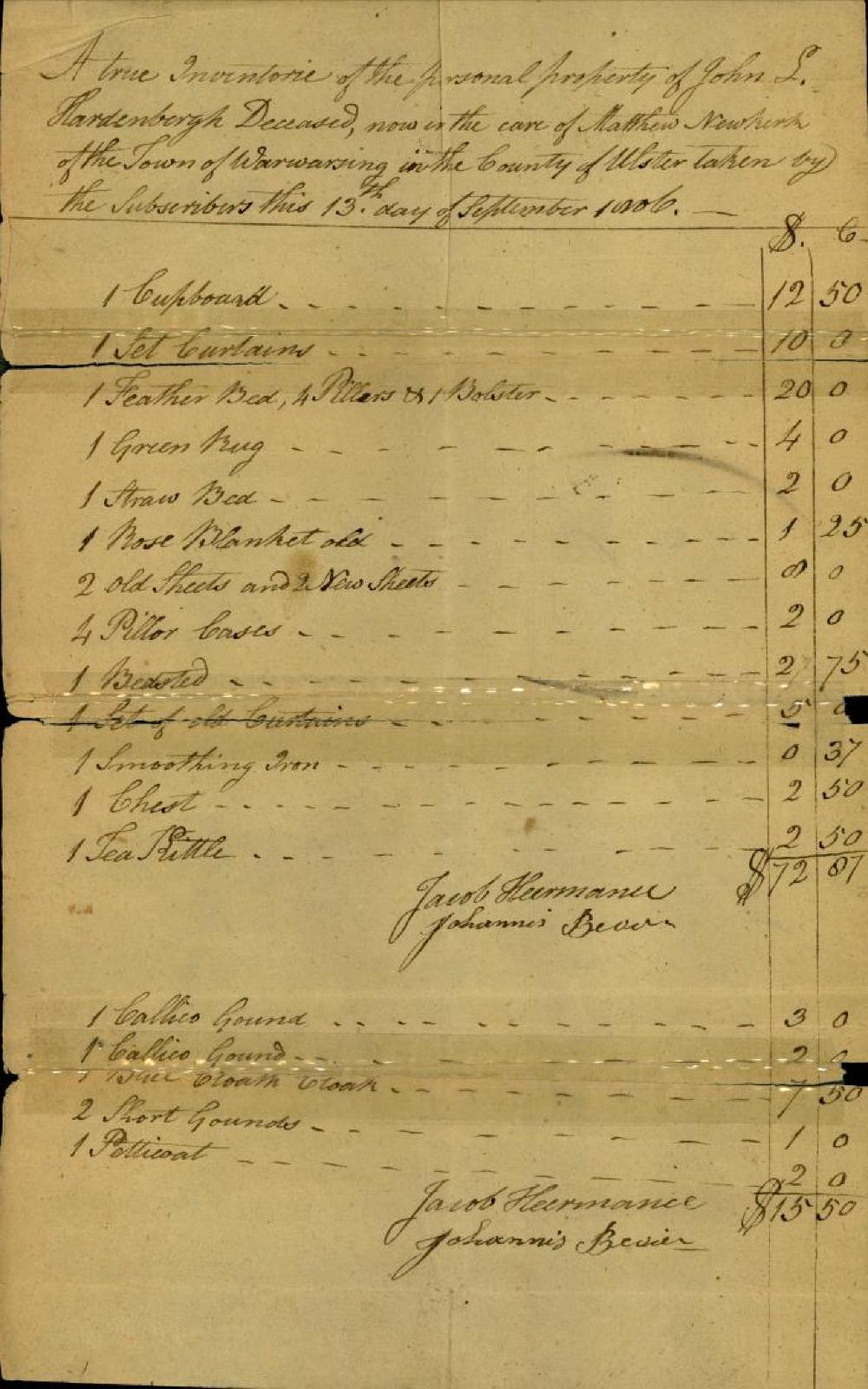 Estate Inventory for John L. Hardenbergh, 1806 page 3