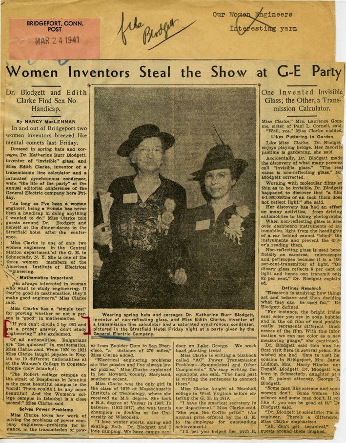 Women Inventors Steal the Show at GE Party. Dr. Blodgett and Edith Clarke Find Sex No Handicap. page 1