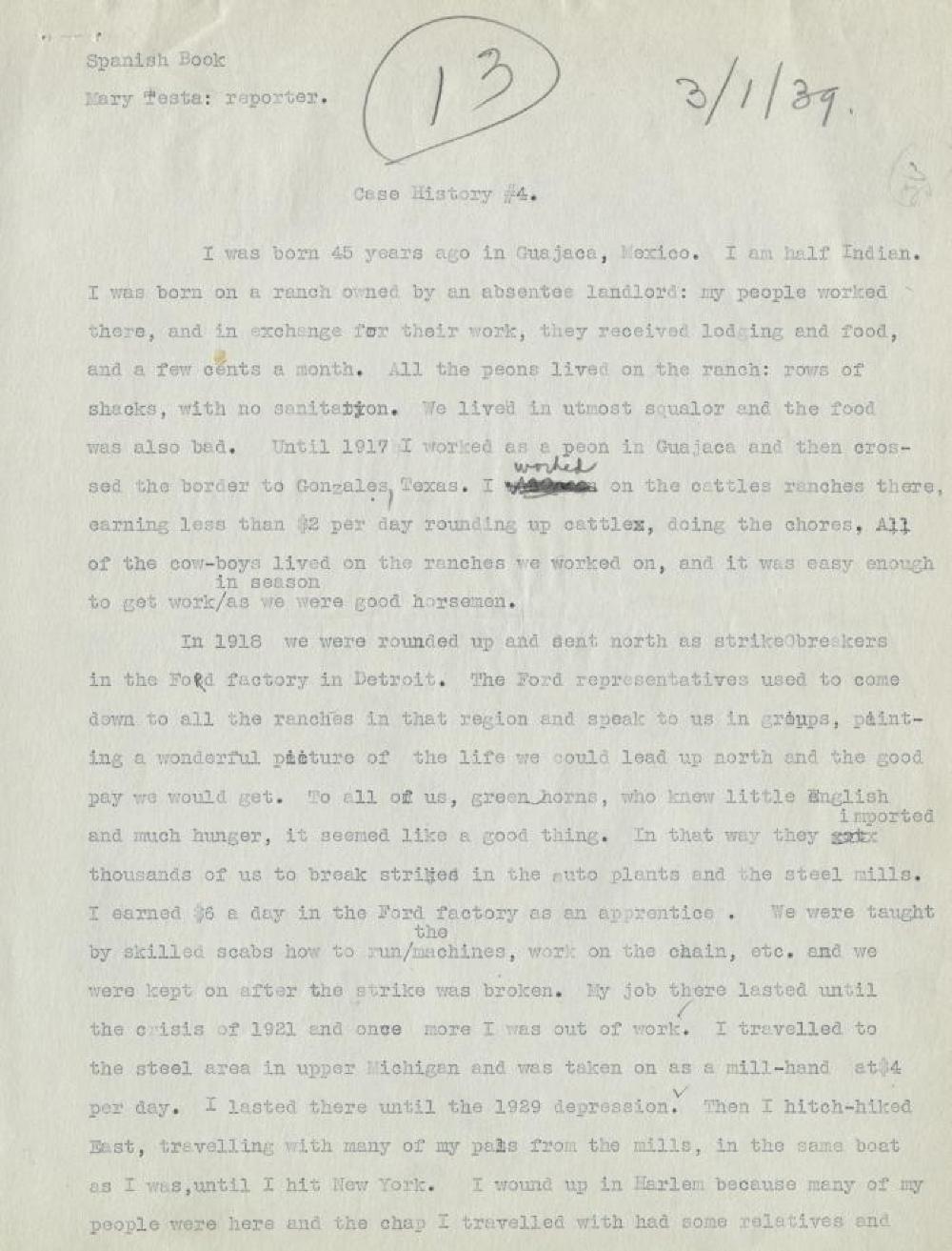 Federal Writer's Project Interview, Case #4, with a Male Immigrant from Guajaca, Mexico, 1939 page 1