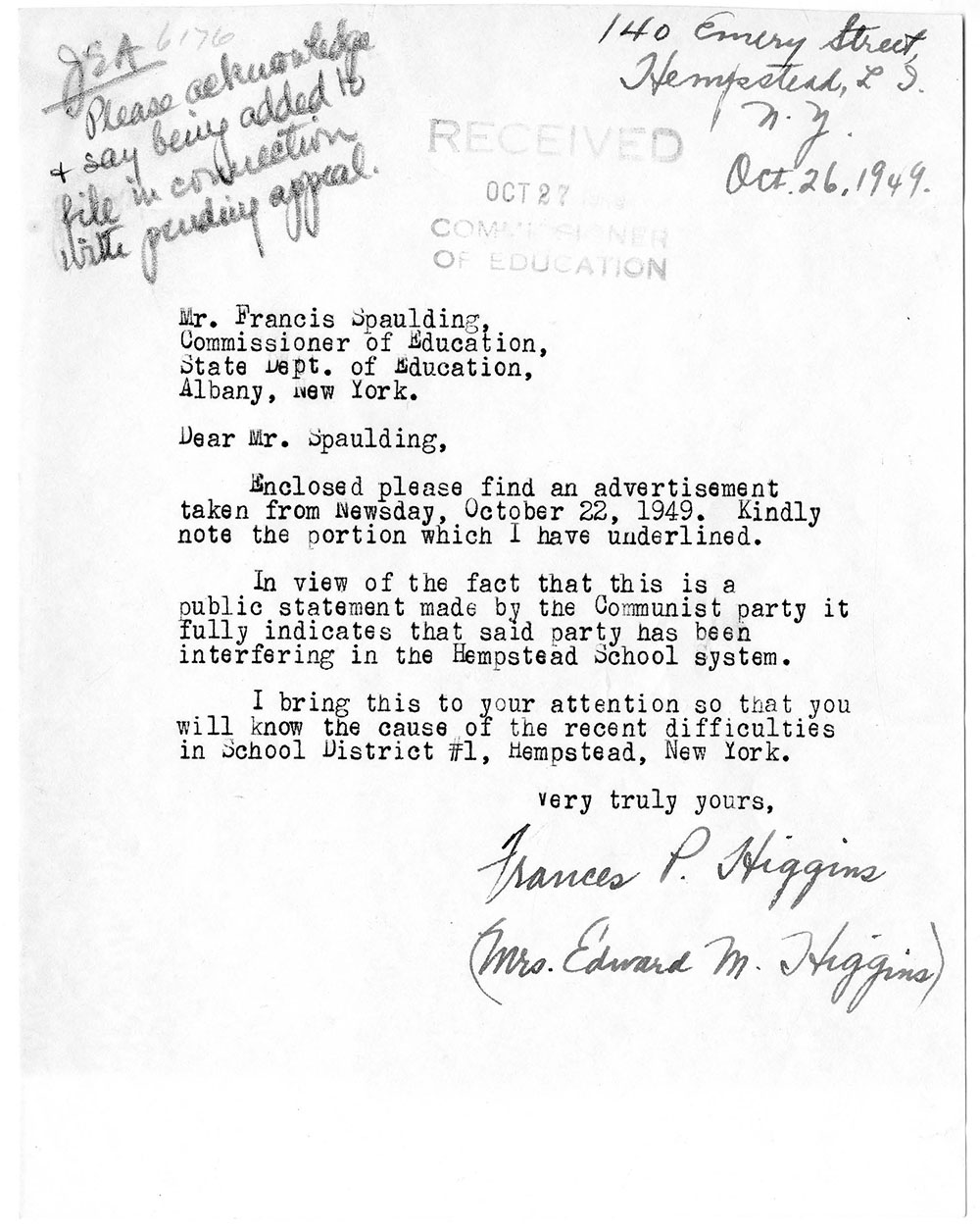 Letter. Frances P. Higgins to Francis Spaulding, Commissioner of Education regarding the Hempstead School Segregation Case page 1