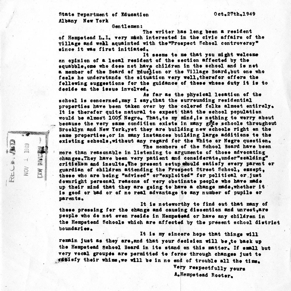 Letter from A. Hempstead Rooter to the New York State Department of Education regarding the Hempstead Case page 1