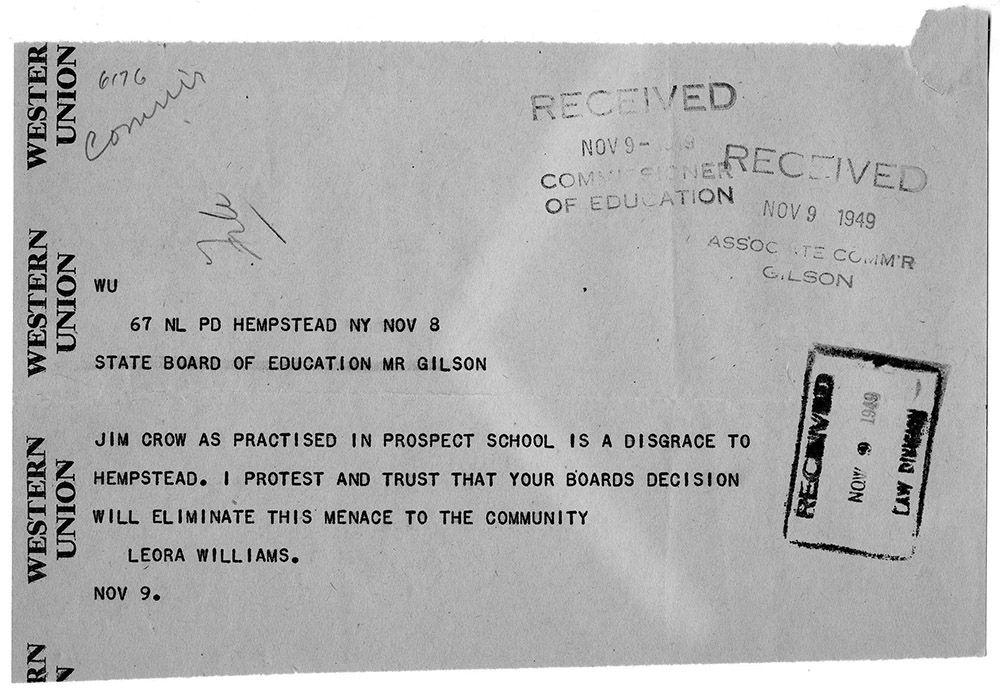 Telegram from Leora Williams to the State Board of Education regarding the Hempstead Case page 1