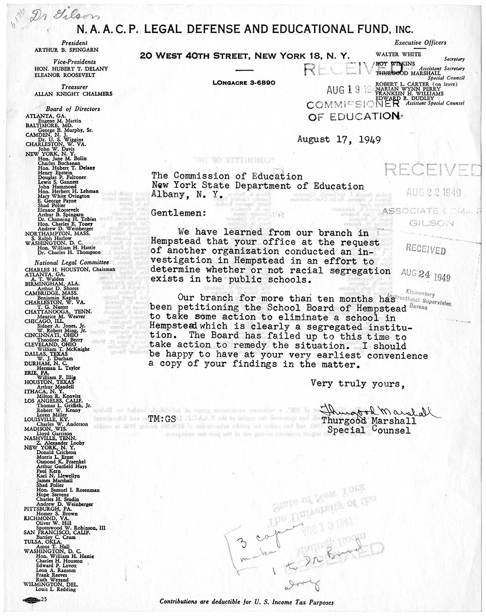 Letter from Thurgood Marshall to Commission of Education requesting information about a segregation issue in Hempstead page 1