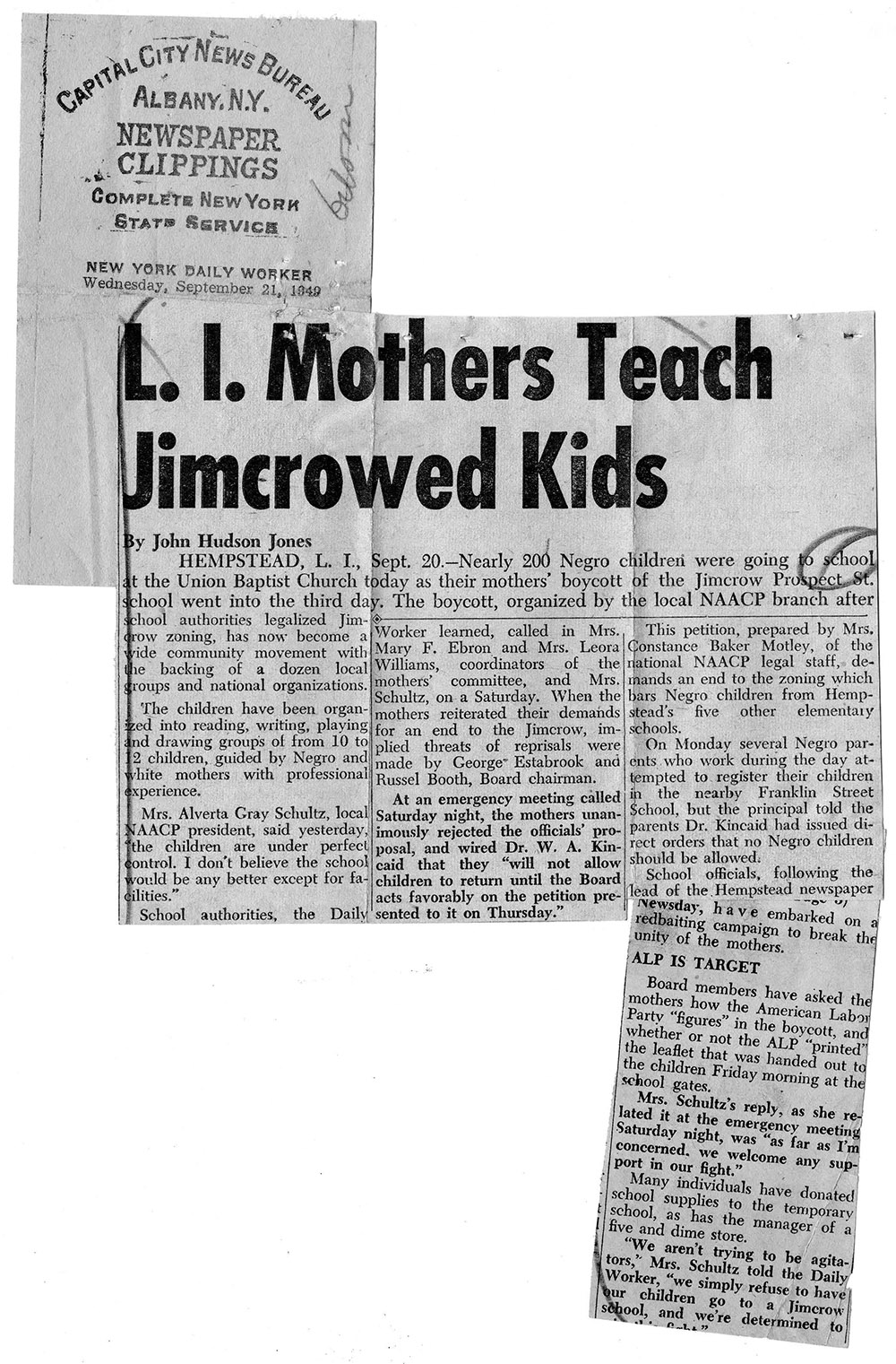 Newspaper Article. L.I. Mothers Teach Jimcrowed Kids page 1