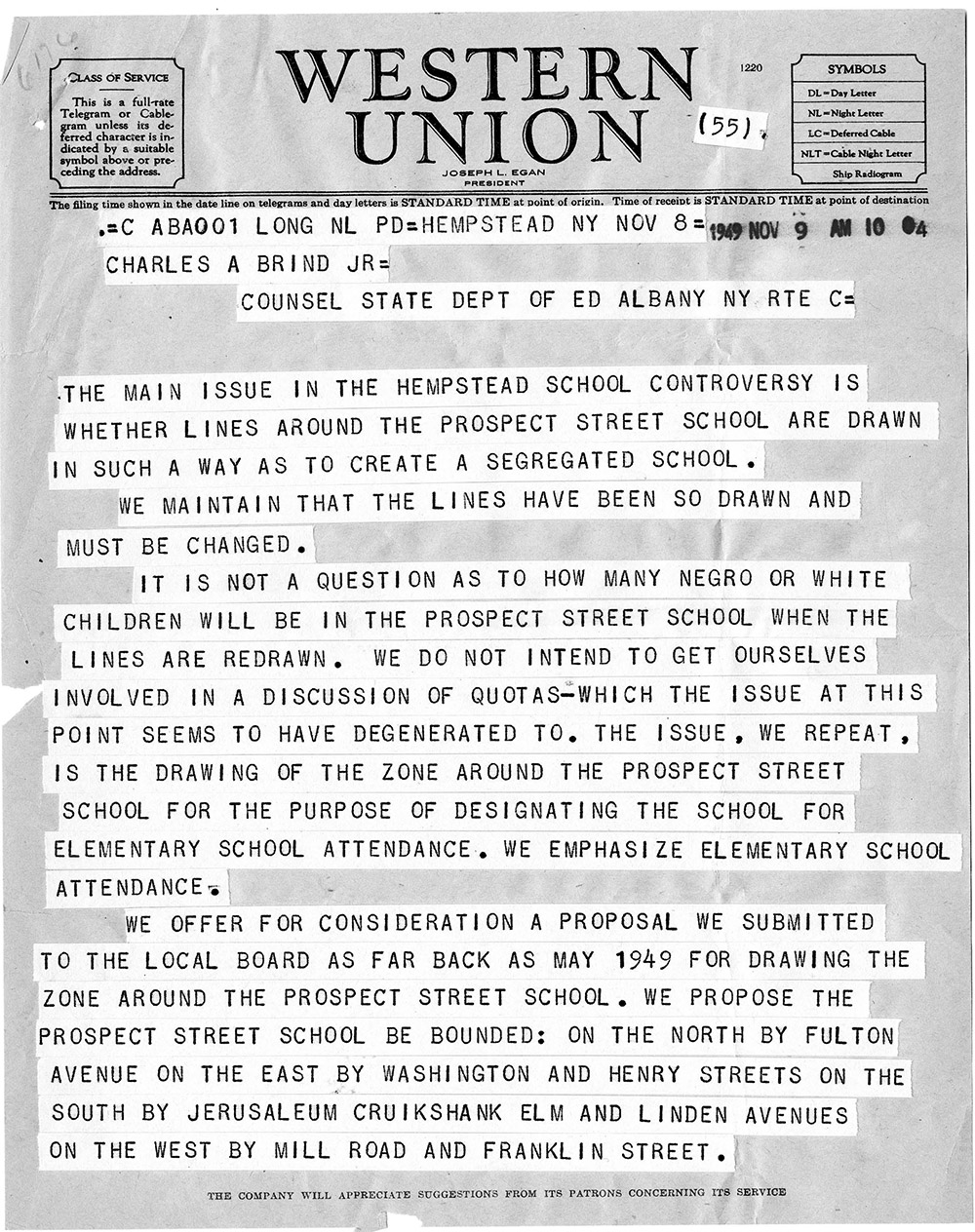 Telegram from Henry Doliner, Executive Secretary of the American Labor Party, to Charles A. Brind, Jr., Counsel for the New York State Department of Education page 1