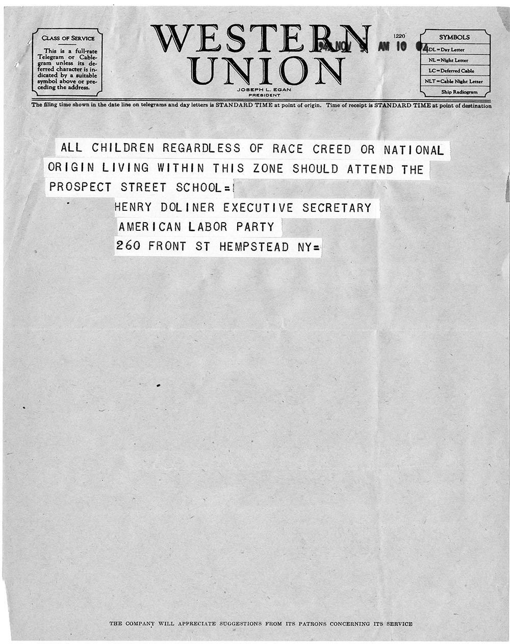Telegram from Henry Doliner, Executive Secretary of the American Labor Party, to Charles A. Brind, Jr., Counsel for the New York State Department of Education page 2