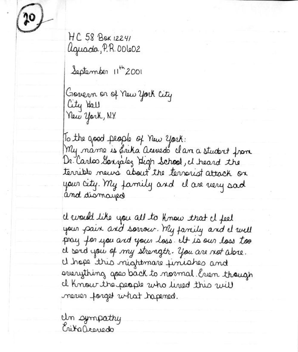 September 11th Letter from Acevedo, 2001 page 1