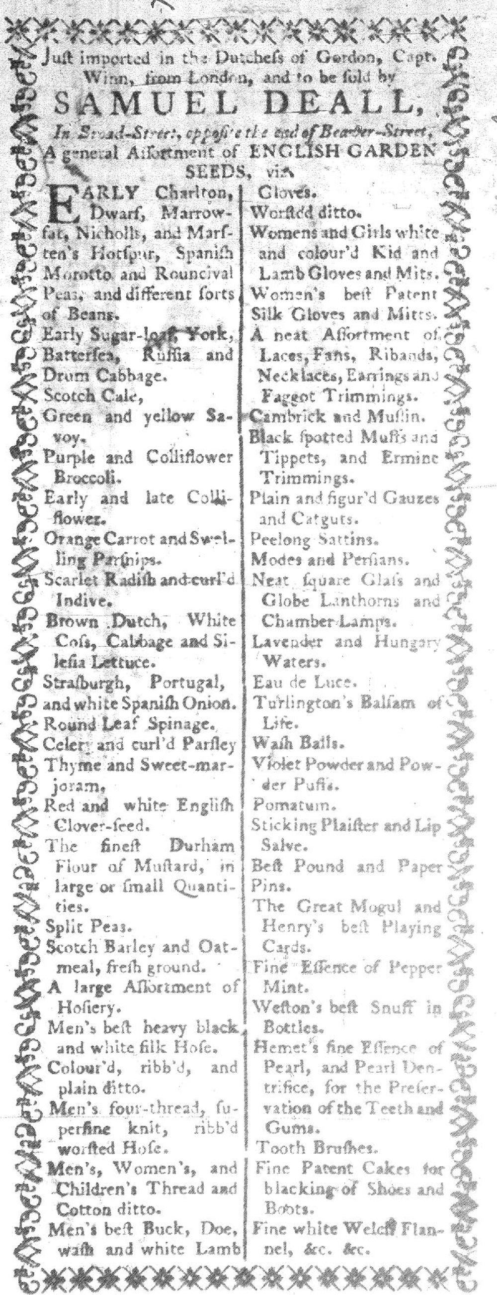 Goods Imported from London, January 27, 1774 page 1