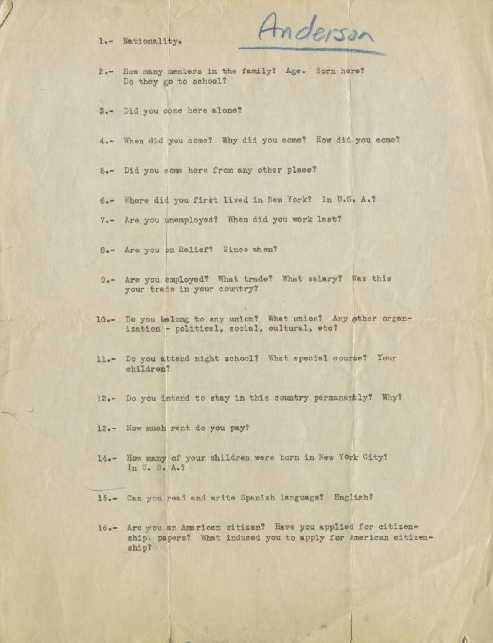 Federal Writers' Project, Interview Questions, c. 1936-1943 page 1