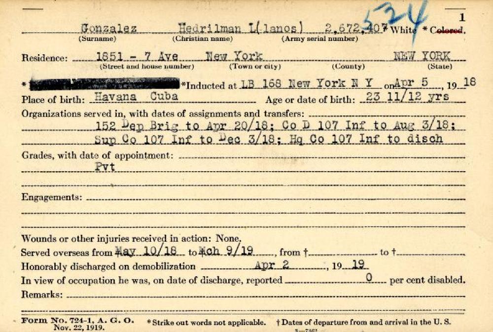 World War I Service Record for Hedrilman Gonzalez, c. 1919 page 1