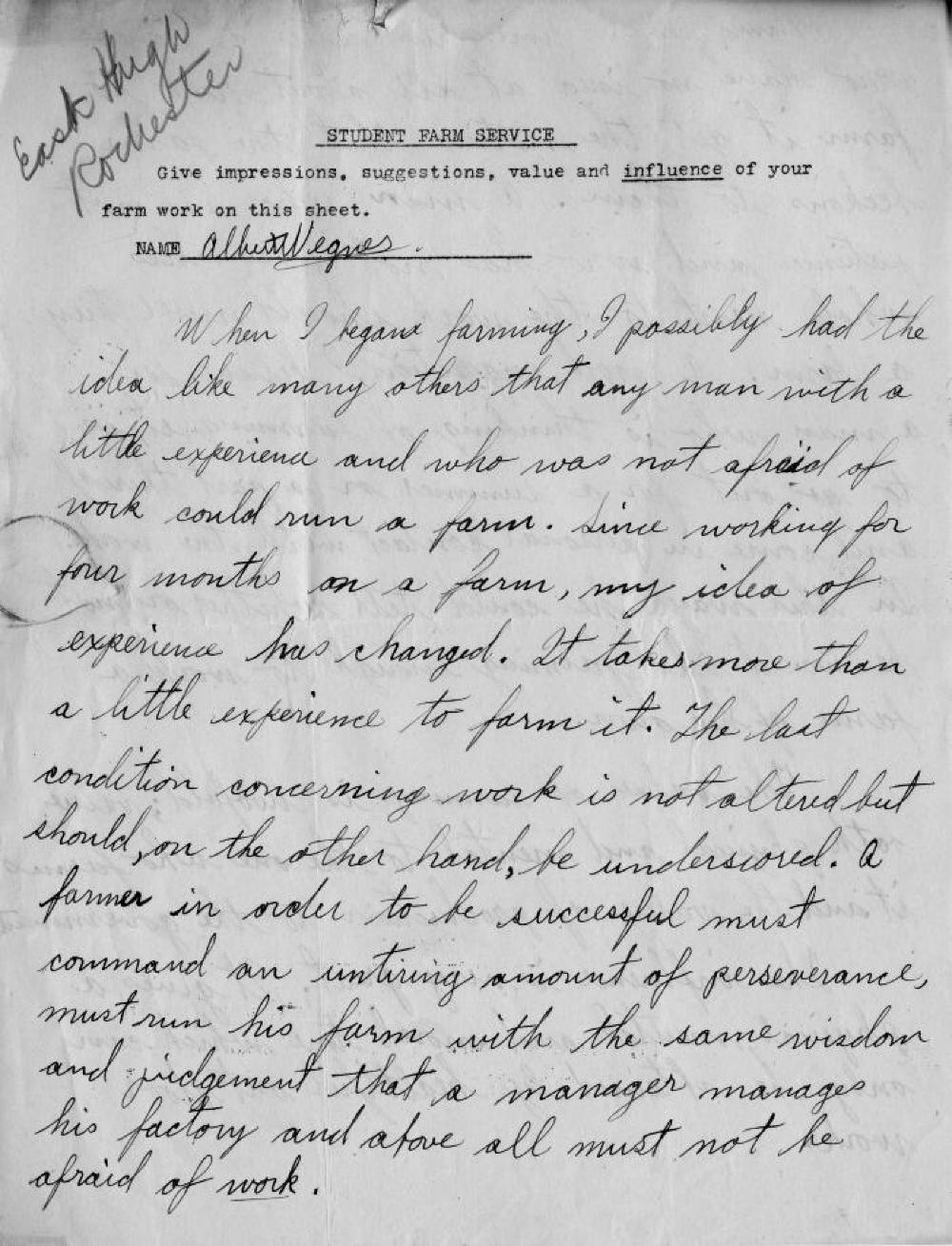 Albert Wegnes' Farm Cadet Essay, World War I, 1918 page 1