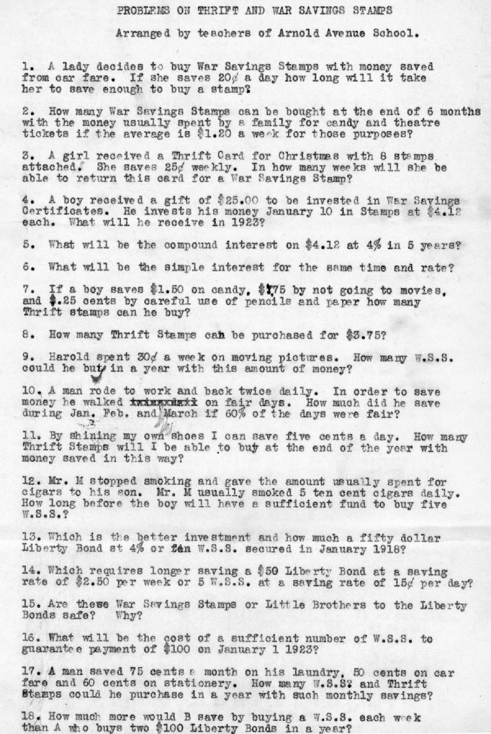 Liberty Loan Math Problems Created by Teachers of the Arnold Avenue School, World War I, c. 1917 page 1