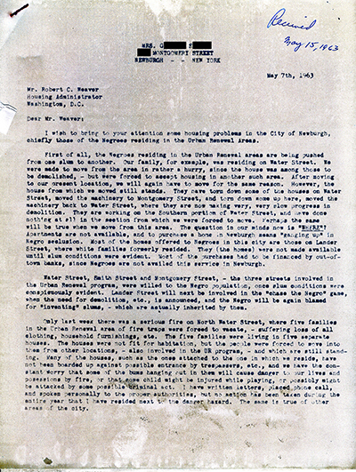 Load Letter to Robert C. Weaver, head of the Federal Housing and Home Finance Agency, from a resident of Newburgh regarding Urban Renewal relocation in Main Document Viewer