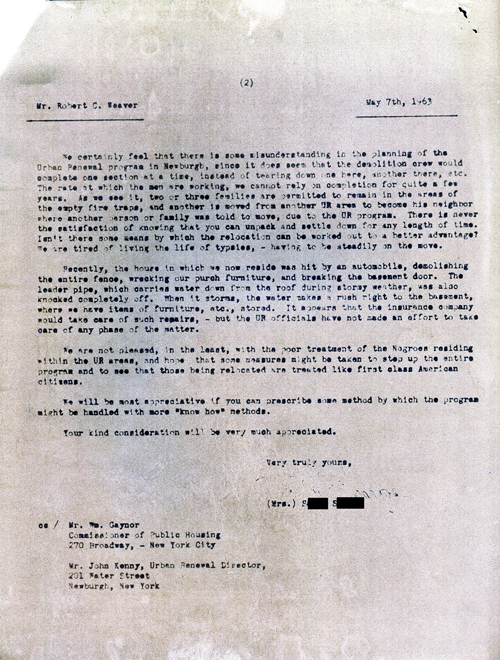 Letter to Robert C. Weaver, head of the Federal Housing and Home Finance Agency, from a resident of Newburgh regarding Urban Renewal relocation page 2
