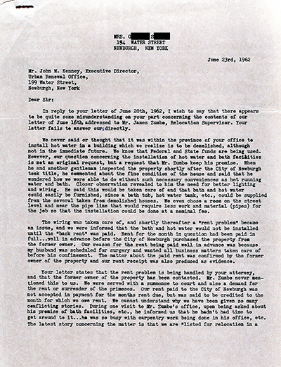 Load Letter to John M. Kenney, Executive Director of the Newburgh Urban Renewal Office, from a resident expressing dissatisfaction in Mr. Kenney's response regarding absence of hot water in Main Document Viewer