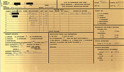 Load Urban Renewal Relocation Card for a resident of Newburgh, NY in Main Document Viewer