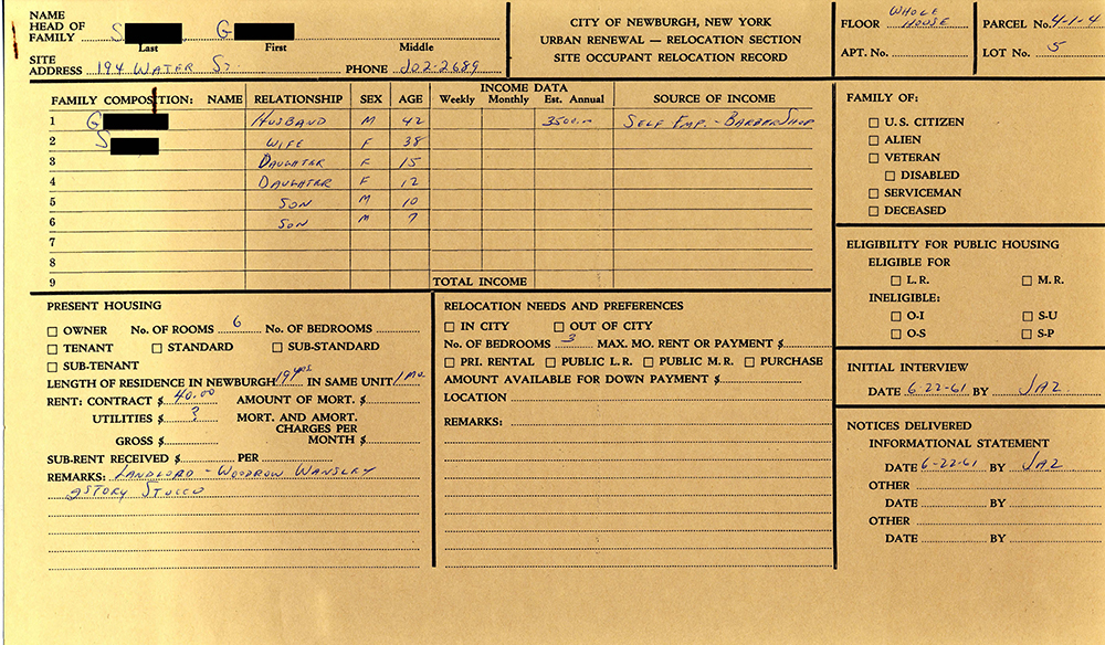 Urban Renewal Relocation Card for a resident of Newburgh, NY page 1