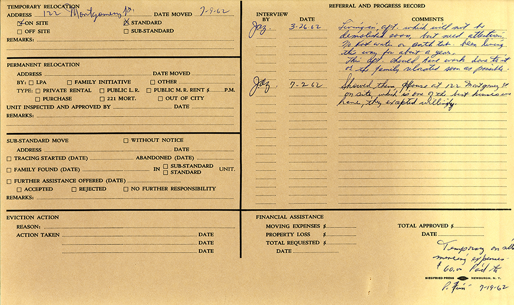 Urban Renewal Relocation Card for a resident of Newburgh, NY page 2