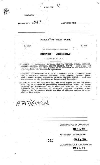 Load New York State Bill and Veto Jackets: 2019, Chapter 8 "Gender Expression Non-Discrimination Act" in Main Document Viewer