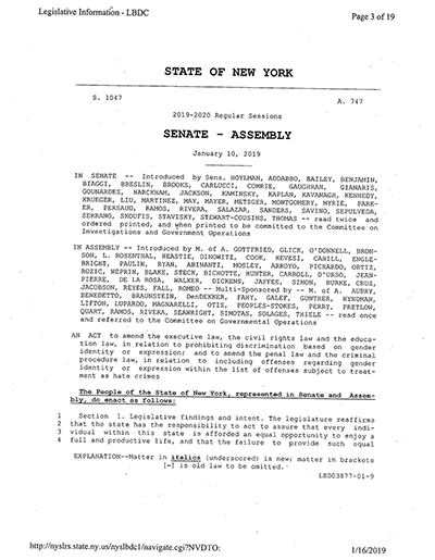 Load New York State Bill and Veto Jackets: 2019, Chapter 8 "Gender Expression Non-Discrimination Act" in Main Document Viewer
