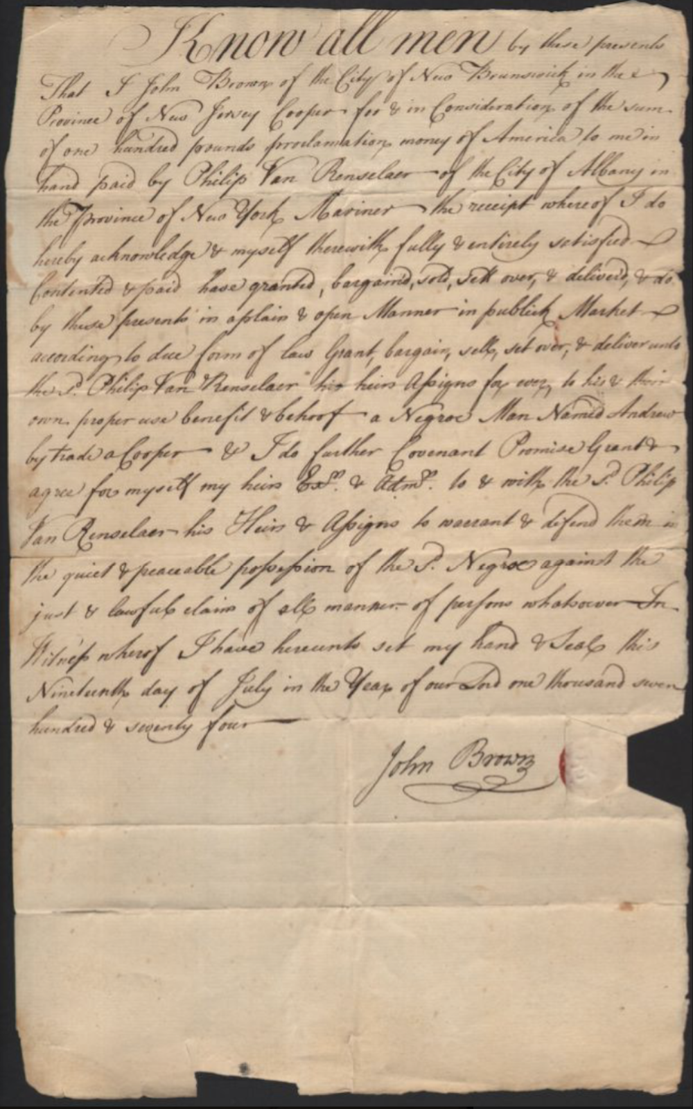 Bill of Sale for Andrew, July 19, 1774 page 1