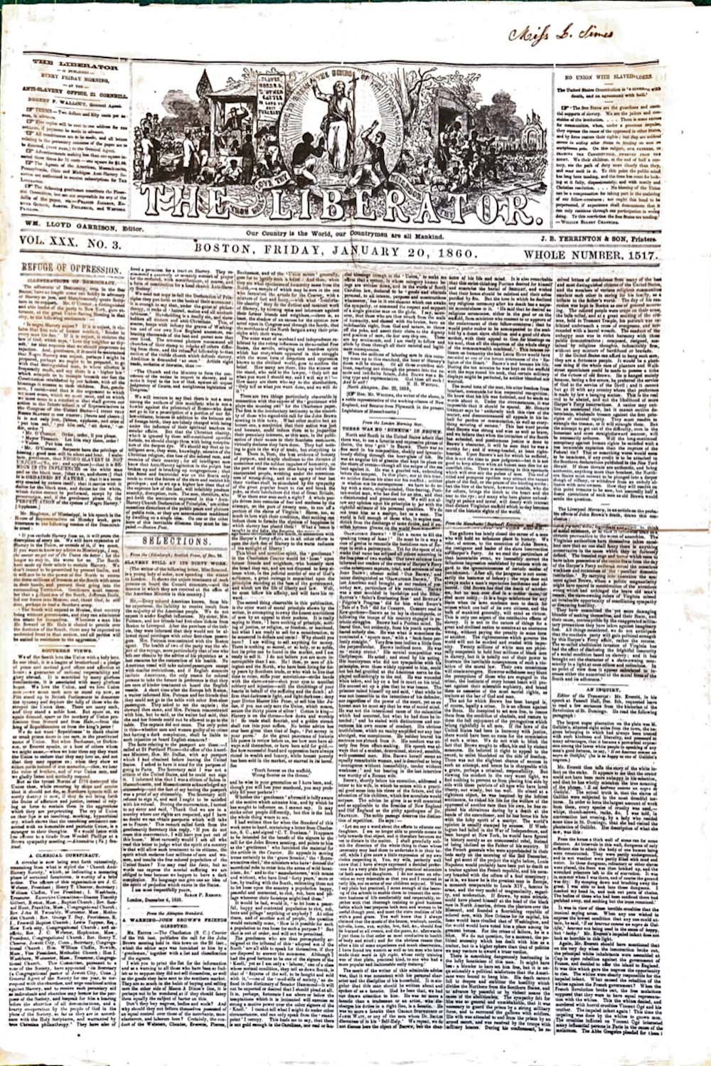 Copy of The Liberator from January 20, 1860 page 1