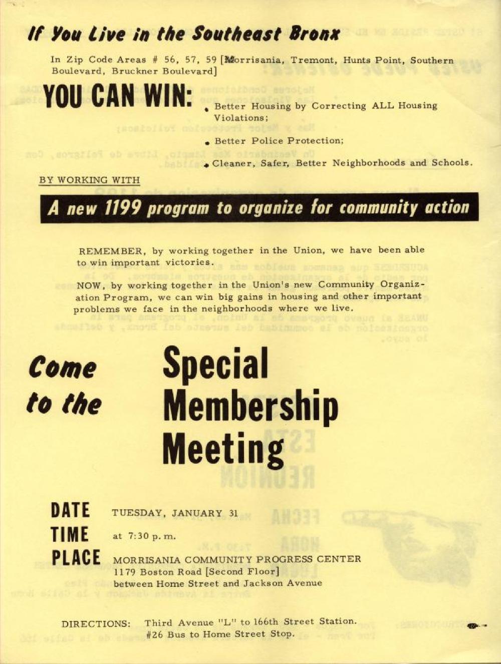 Local 1199 Flyer "If You Live in the Southeast Bronx" page 1