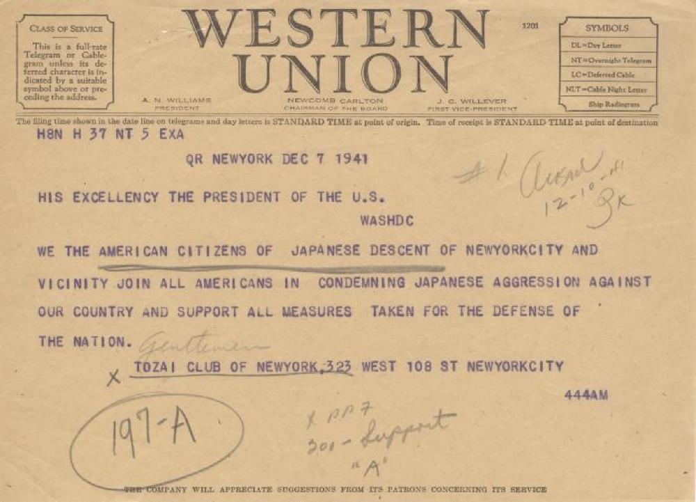 Telegram - Japanese American Tozai Club to President Roosevelt, December 7, 1941 page 1