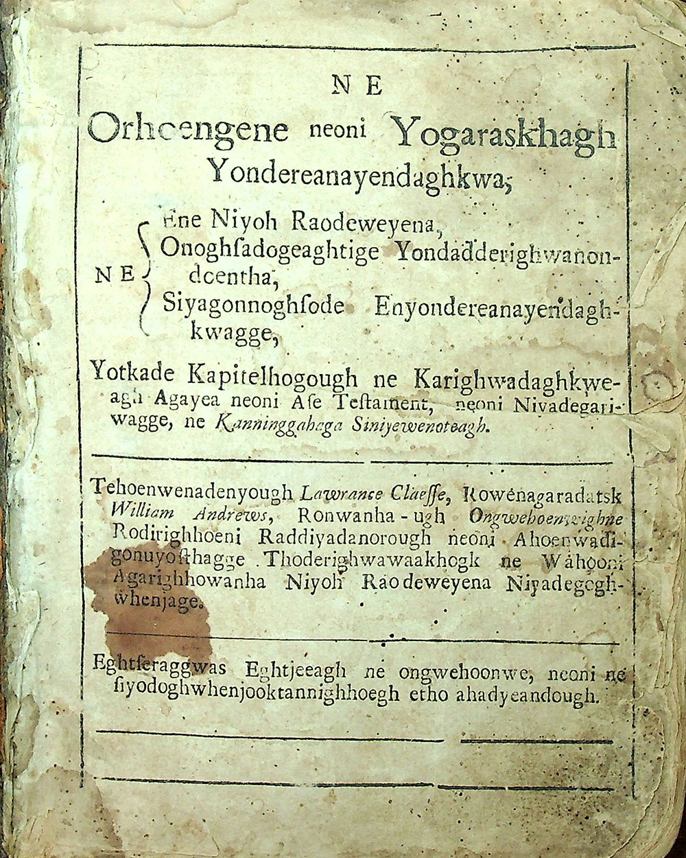 Christian prayer book translated into Mohawk language page 1