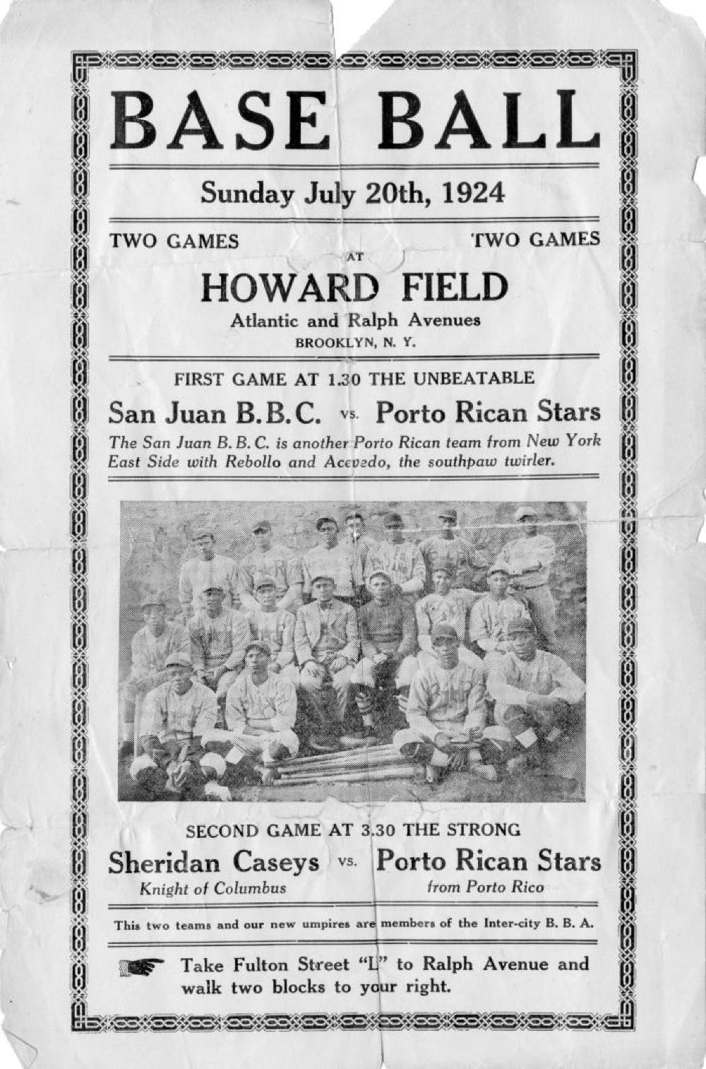 Baseball Flyer, Howard Field, Brooklyn, NY, 1924 page 1