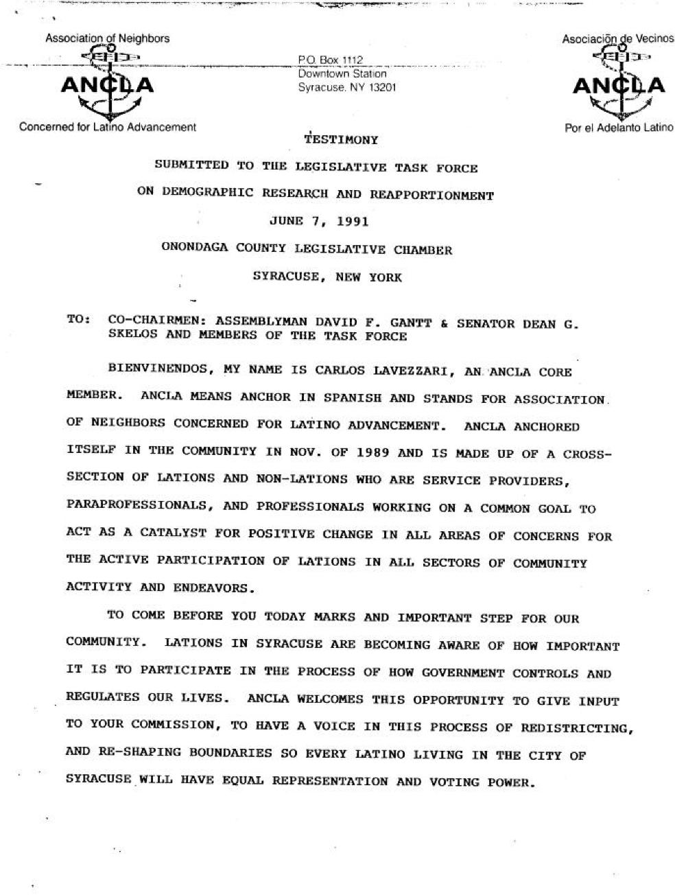 Association for Neighbors Concerned for Latino Advancement (ANCLA), Legislative Testimony, Syracuse, 1991 page 1
