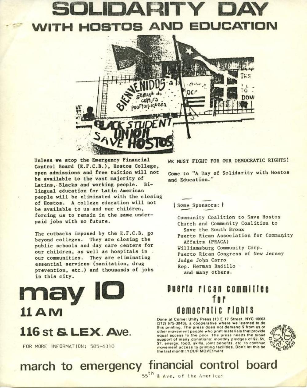 "Solidarity Day with Hostos and Education," Hostos Community College, 1976 page 1