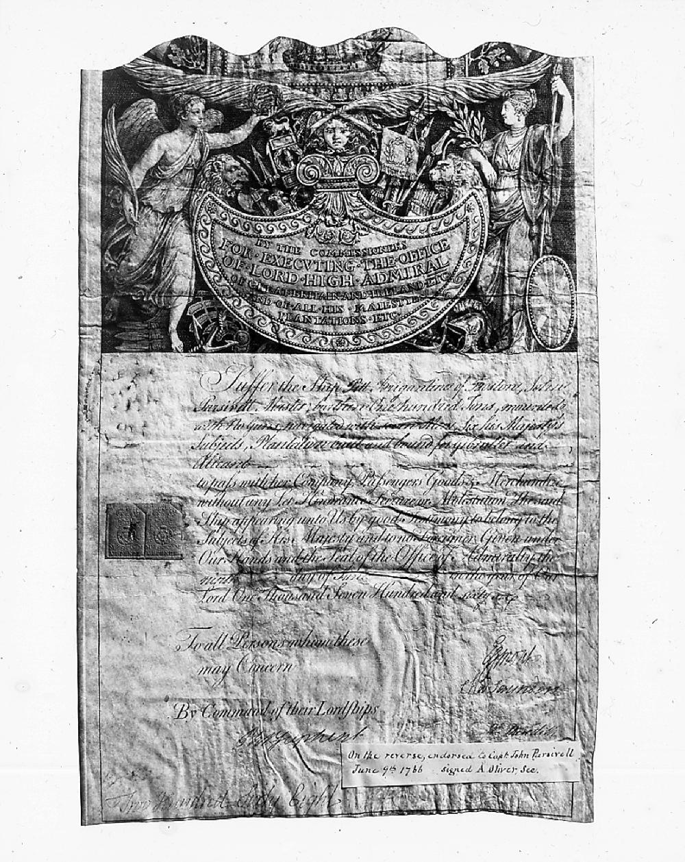 Mediterranean Pass with British Stamp, 1766 page 1