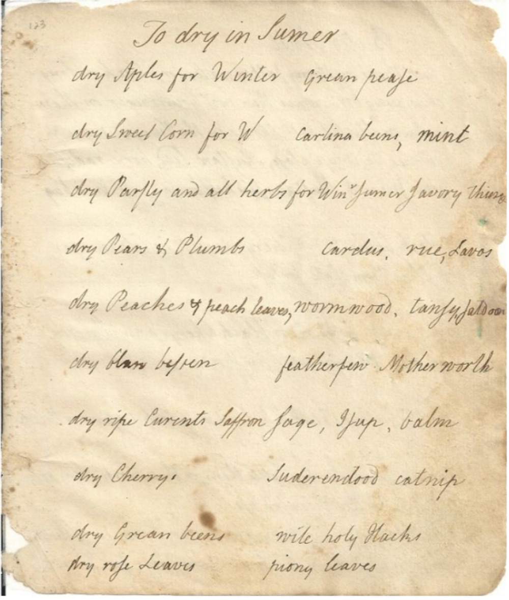 “To Dry in Summer,” Maria Van Rensselaer’s Receipt Book, c. 1760-1830 page 1
