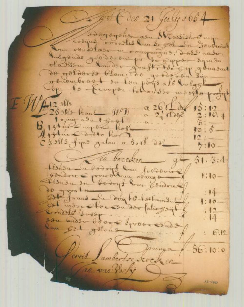 Invoice Listing Goods Shipped from Amsterdam to New Netherland, July 21, 1654 and August 1, 1654 page 2